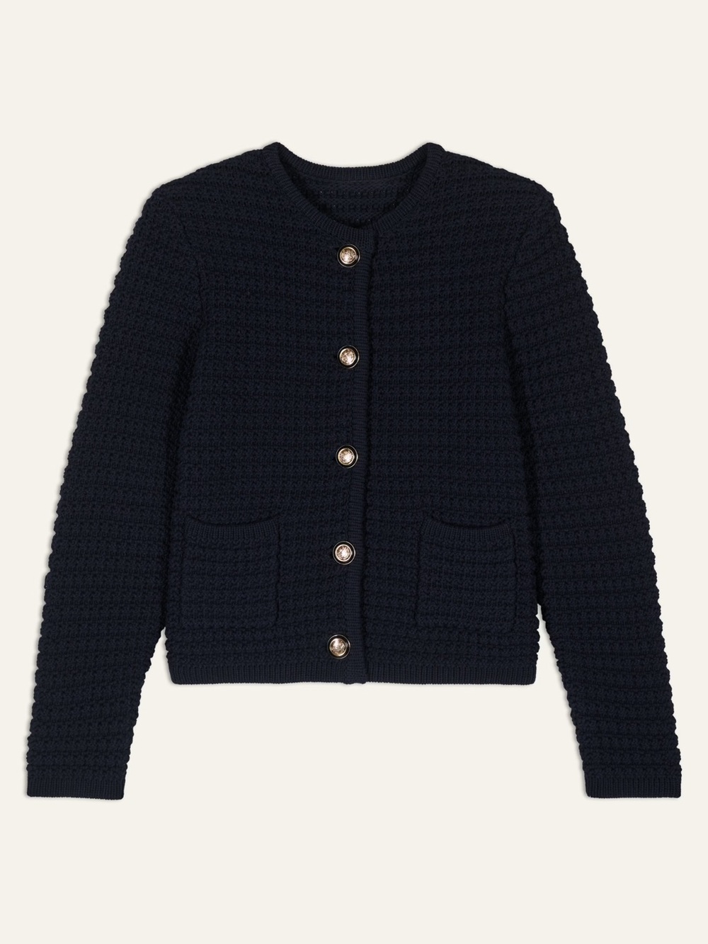 ba&sh Gaspard Navy Textured Knit Cardigan with Gold Buttons